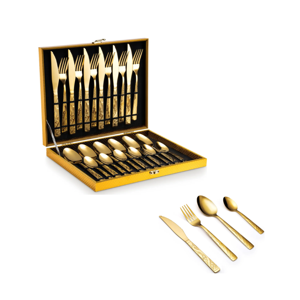 Kit Faqueiro Dourado Luxo Jogo Talheres Inox 24pçs + Maleta - Eps-158