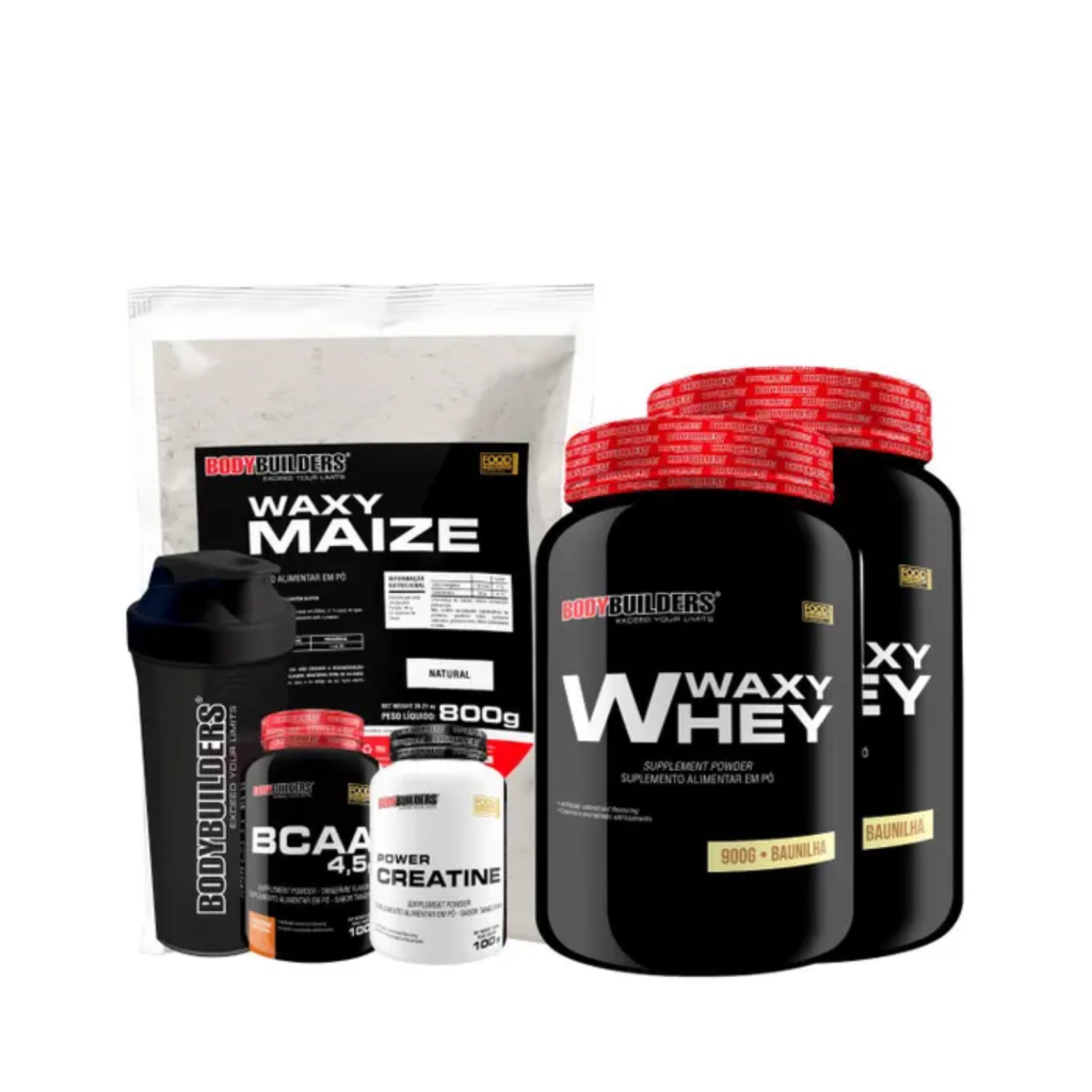 KIT 2x Whey Protein Waxy Whey 900g + BCAA 4,5 100g + POWER Creatina 100g + Waxy Maize 800g + Coqueteleira - Bodybuilders