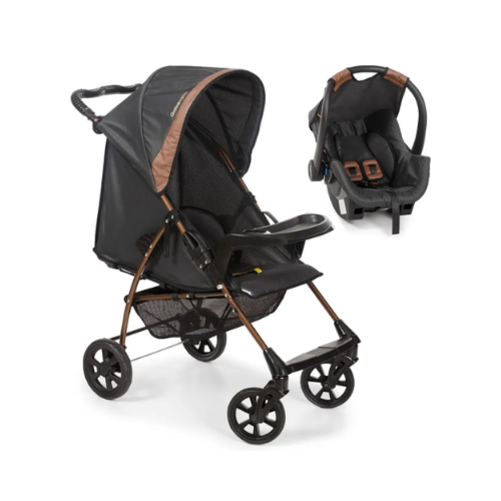 Travel System Galzerano Carrinho Romano com Bebê Conforto Cocoon Slim Preto e Cobre