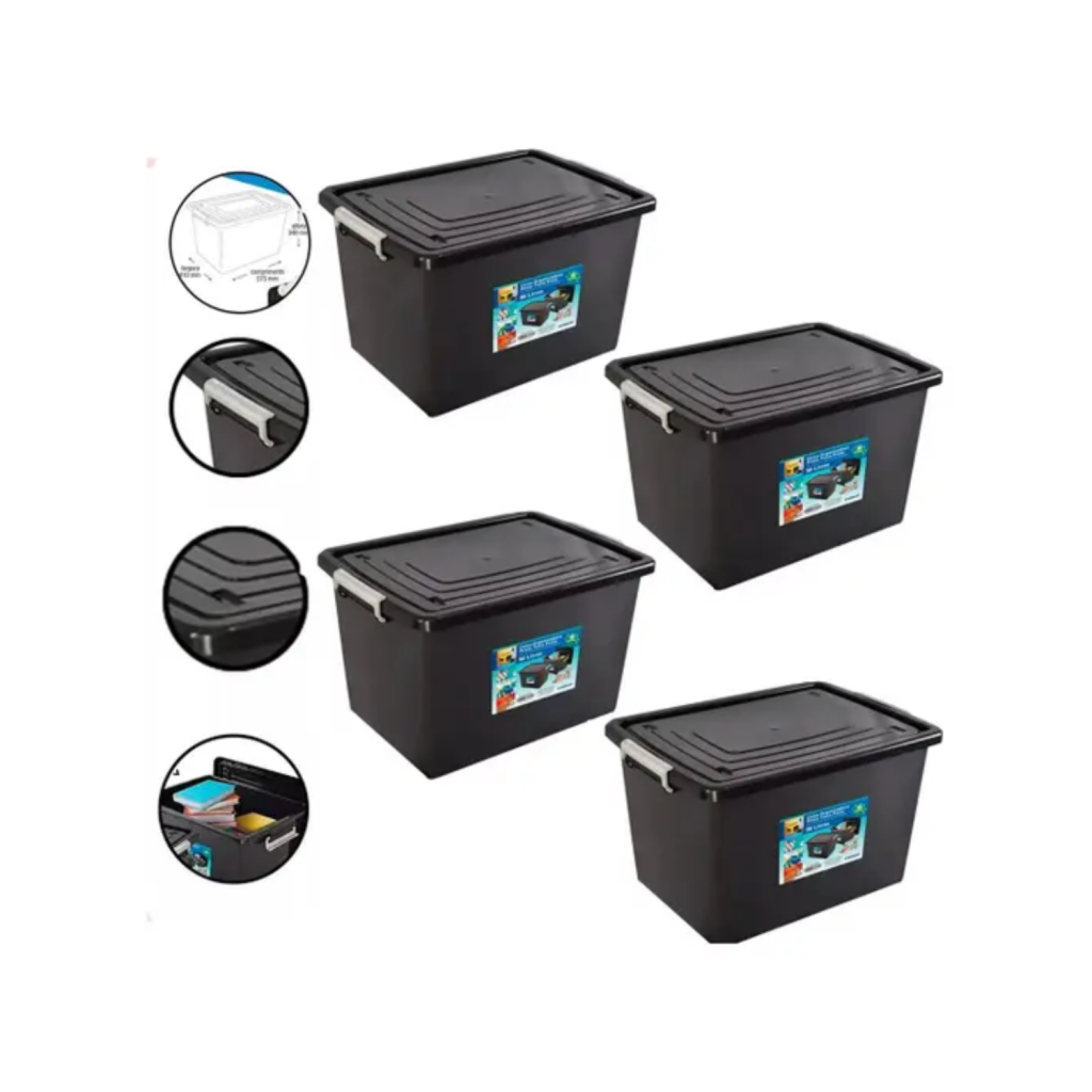 Kit 4 Caixas Organizadoras com Tampa e Trava 56L Plástico Resistente