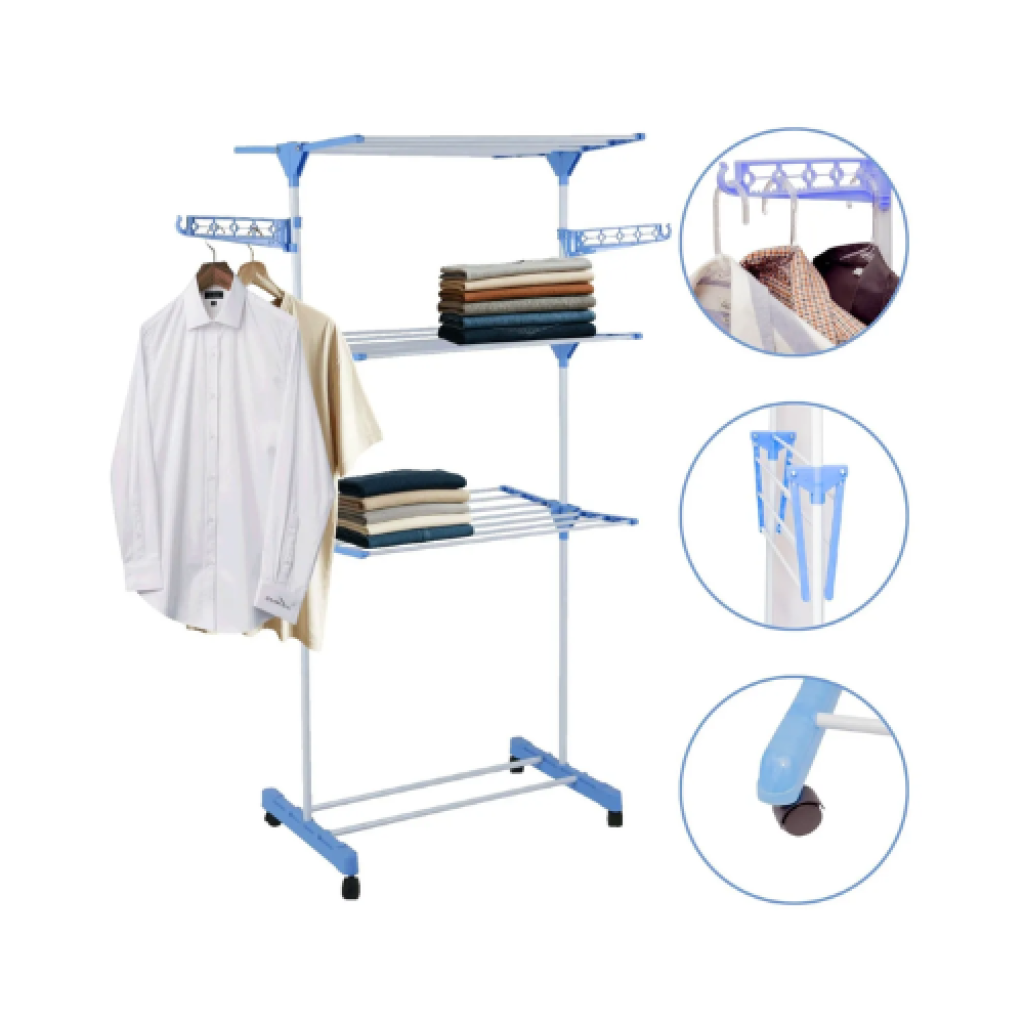 Varal de Chão Kontuz 3 Andares Dobrável com Rodinhas e Abas para Cabides 170cm Azul