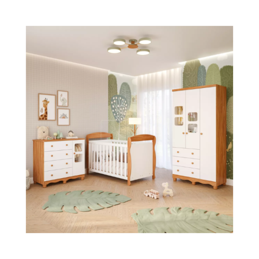 Quarto Bebê Completo Móveis Peroba – Berço Americano Marquesa, Guarda-Roupa e Cômoda Uli