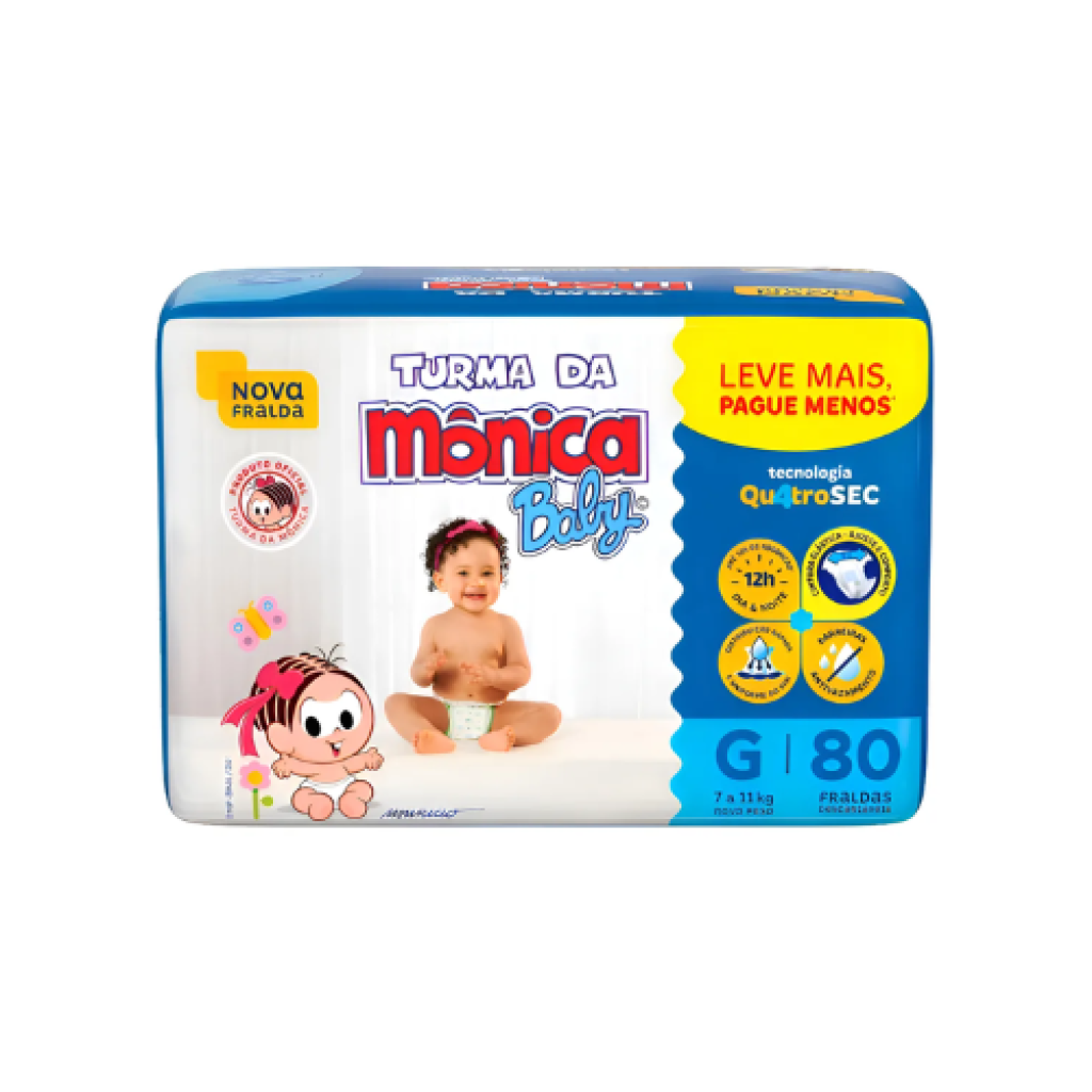 Fralda Descartável Turma da Mônica Baby Tamanho G com 80 Unidades Tecnologia QuatroSec