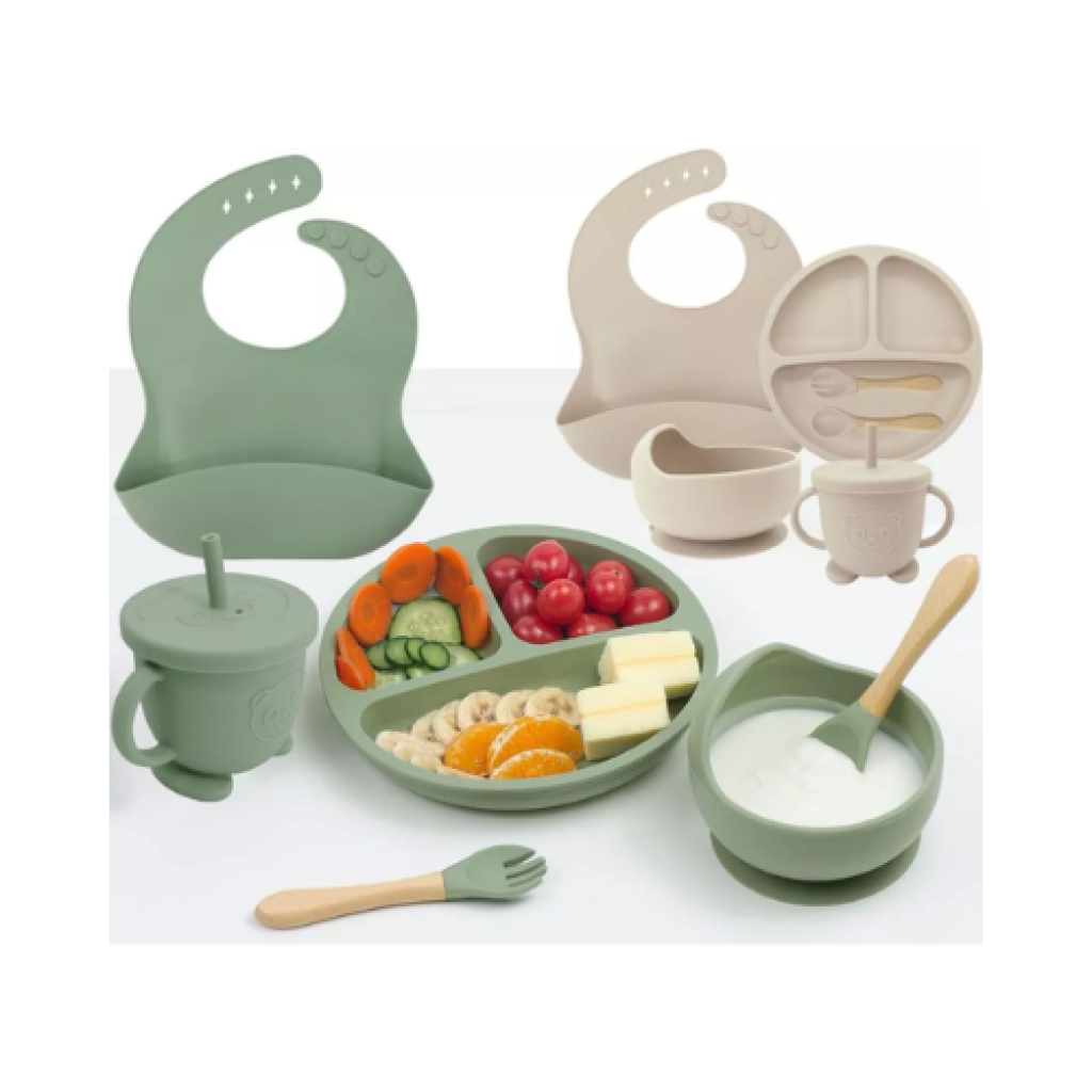 Kit 8 Peças de Silicone para Alimentação de Bebês – Prato, Tigela, Talheres e Babador
