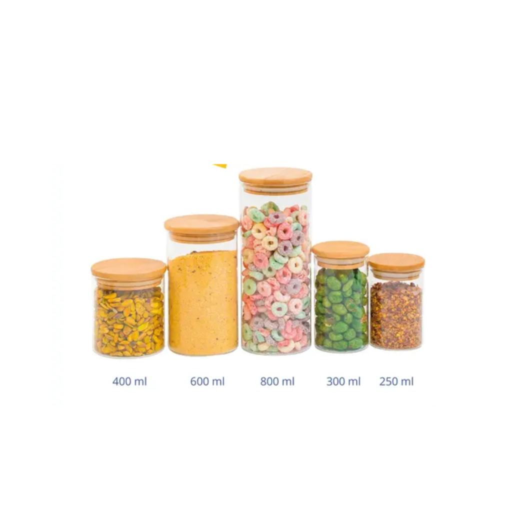 Kit 5 potes de vidro com tampa de bambu herméticos redondos