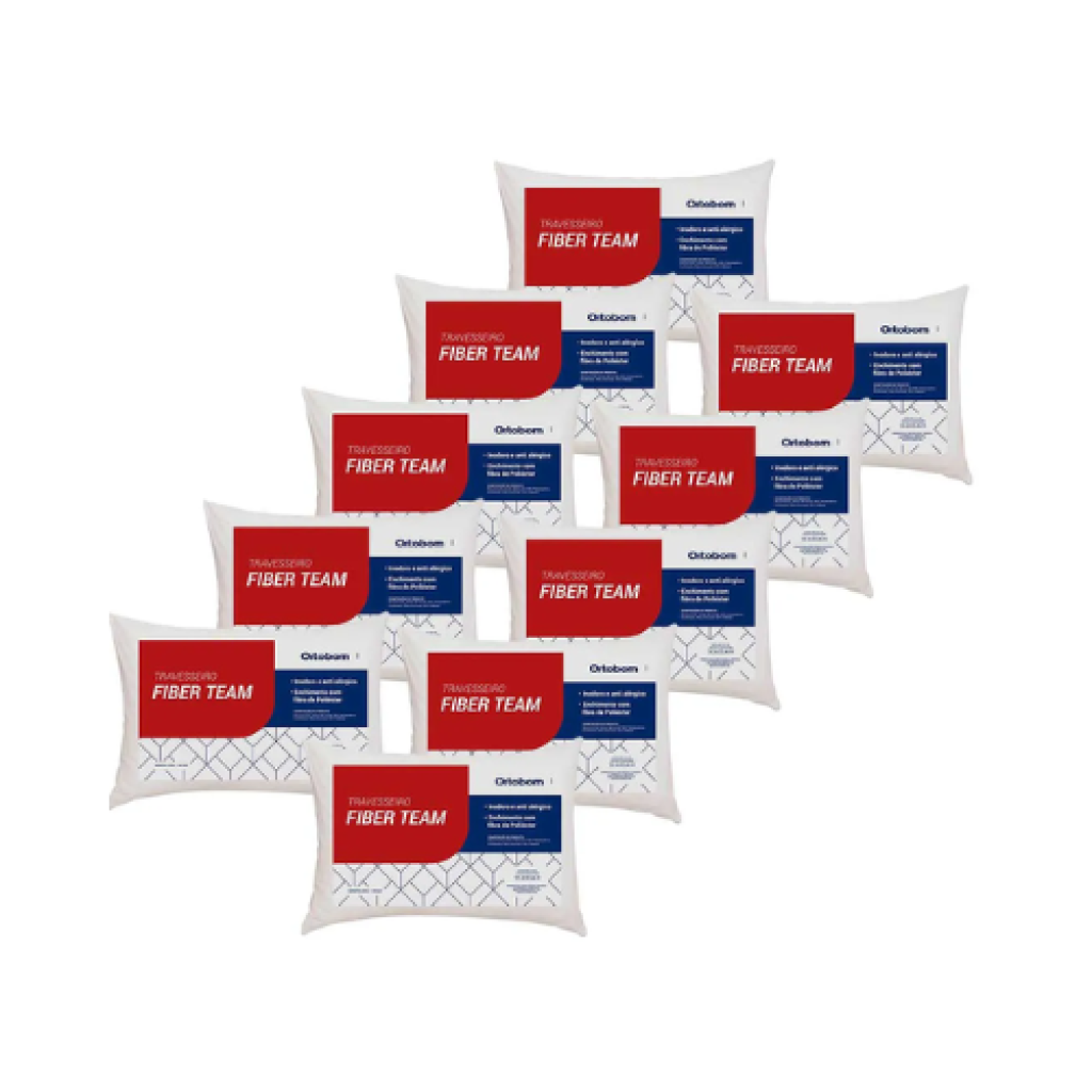 Kit com 10 Travesseiros Ortobom Fiber Team, Poliéster Siliconizado, 45x65cm, Branco
