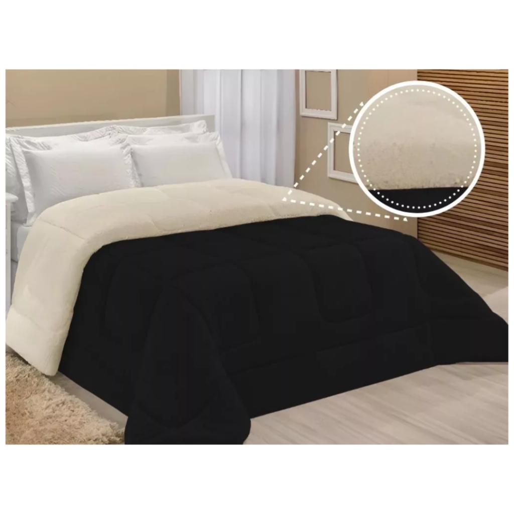 Coberdrom Edredom Sherpa Lã Carneiro Casal Queen Cobertor Cor Preto