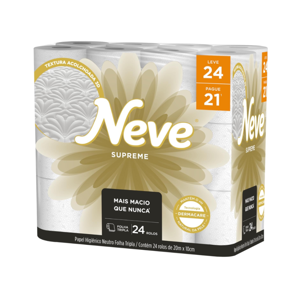Papel Higiênico Neve Supreme Folha Tripla, 20m, Leve 24 Pague 21 Rolos