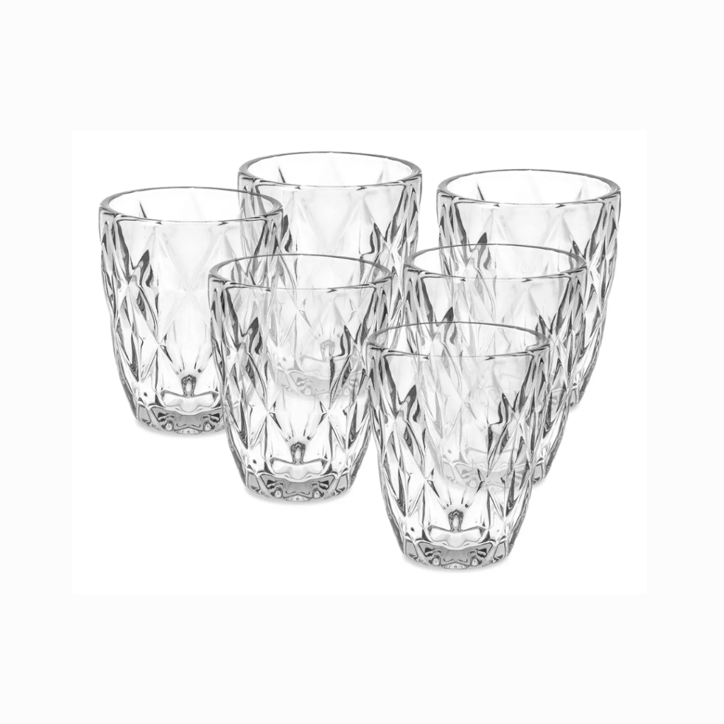 Jogo 6 Copos Baixos Diamond 300ml Vidro Grosso Diamante Luxo