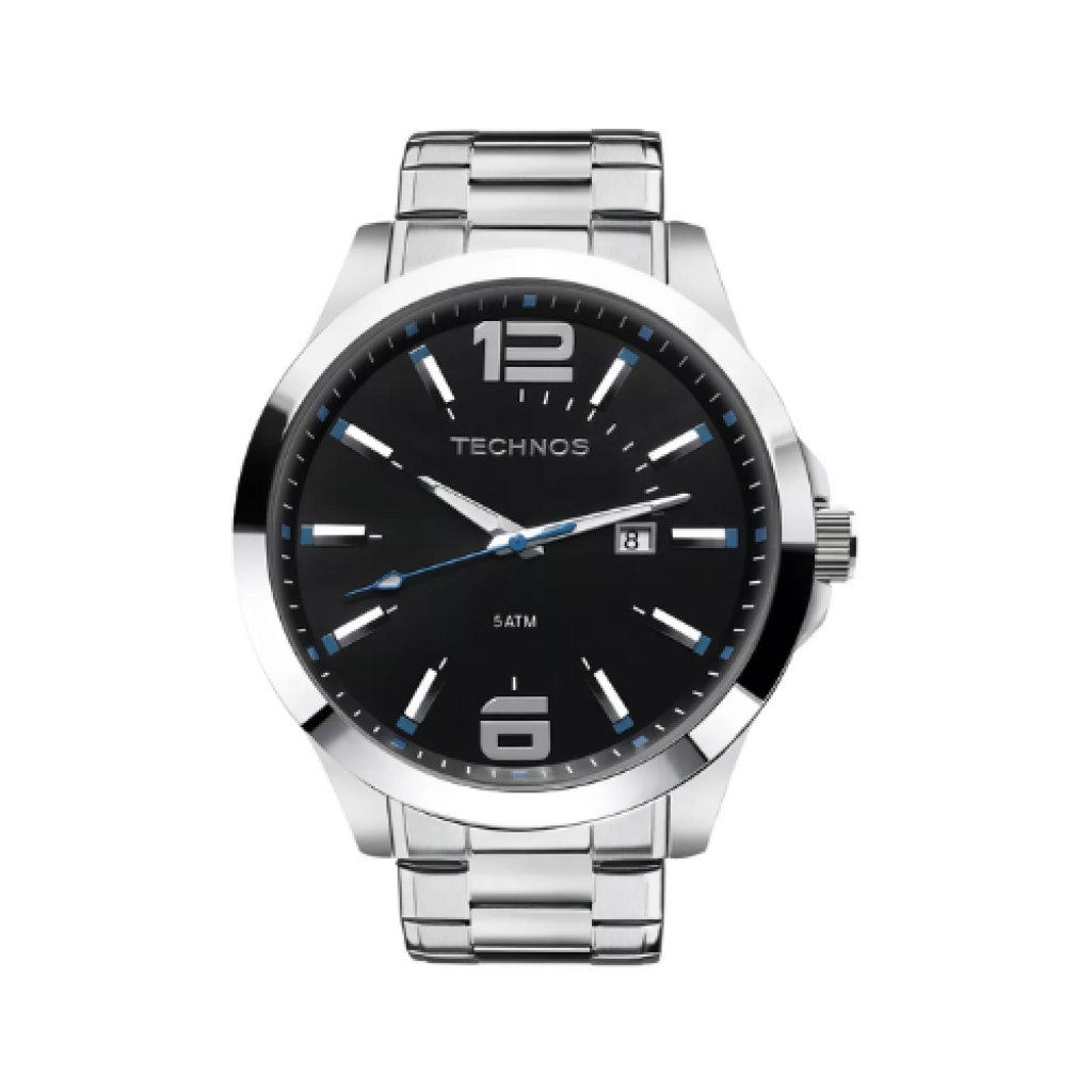 Relógio Masculino Technos 2115GU/1A Prata Pulseira Aço Mostrador Preto com Detalhe Azul