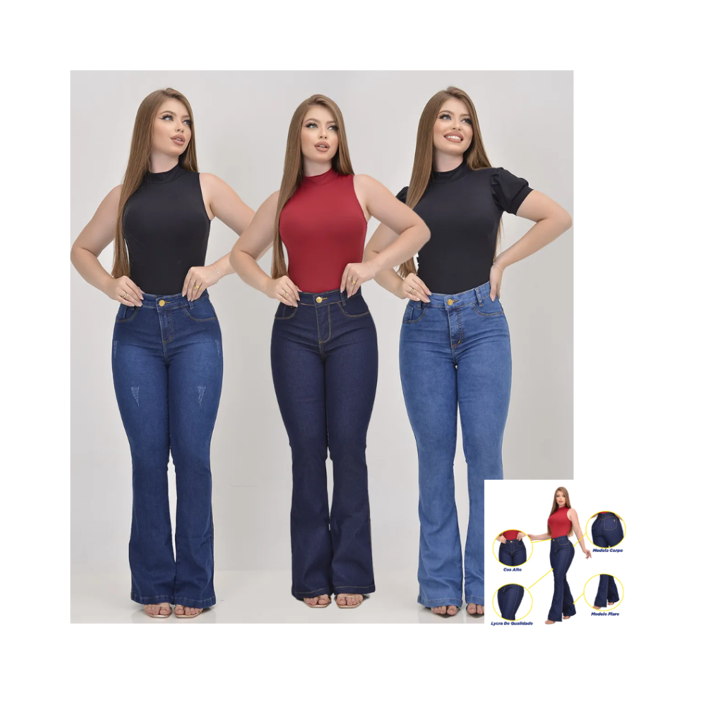 Kit 3 Calça Feminina Jeans Flare Levanta Bumbum Cintura Alta