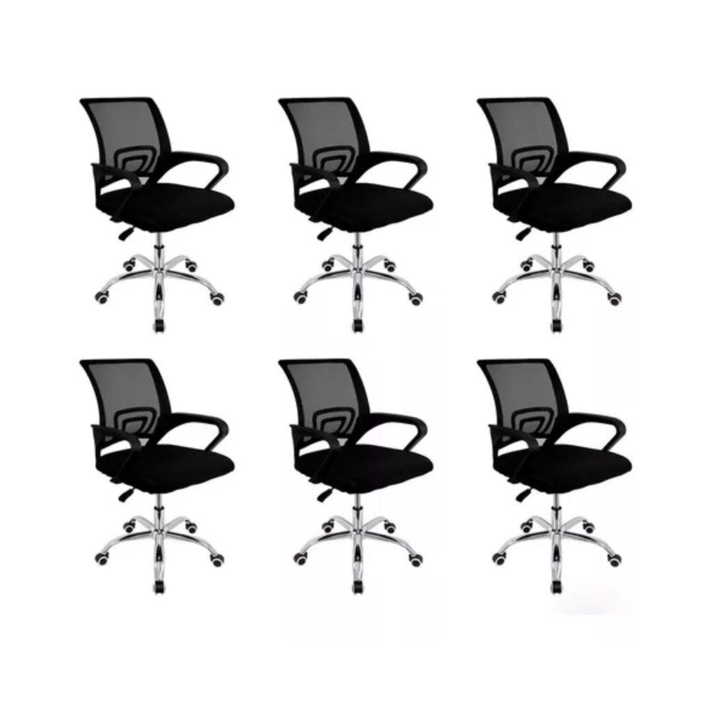 Kit 6 Cadeiras de Escritório Giratórias Ergonômicas Tela Mesh Preto PU