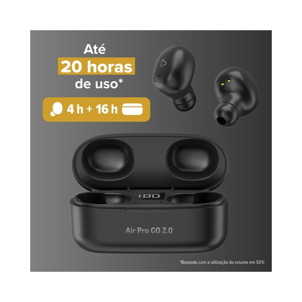 I2GO, Fone de Ouvido Sem Fio, Bluetooth 5.2, TWS, Air Pro GO 2.0, Controle Touch, Estojo de Carregamento, 20 Horas totais de Bateria, Preto, i2GO PRO