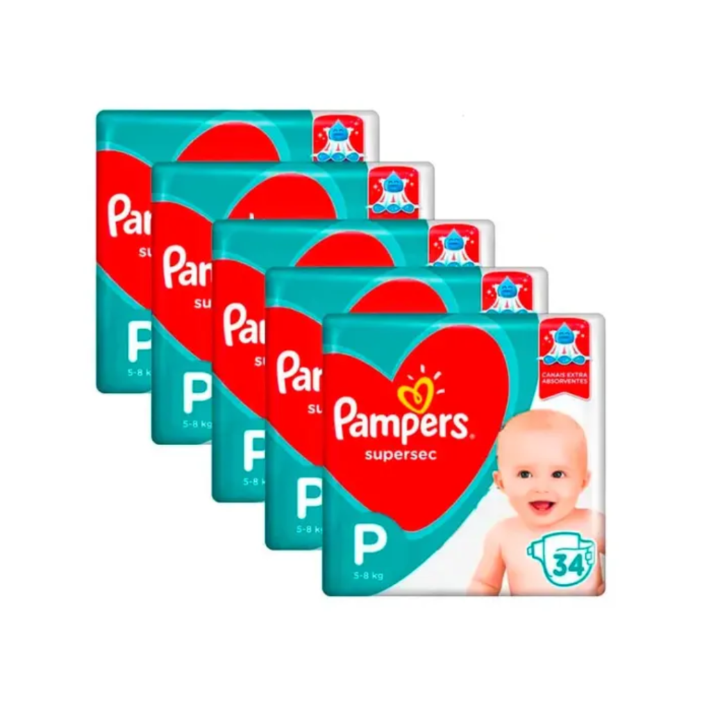 Kit 5 Fraldas Pampers Supersec Pacotão P 170 Unidades