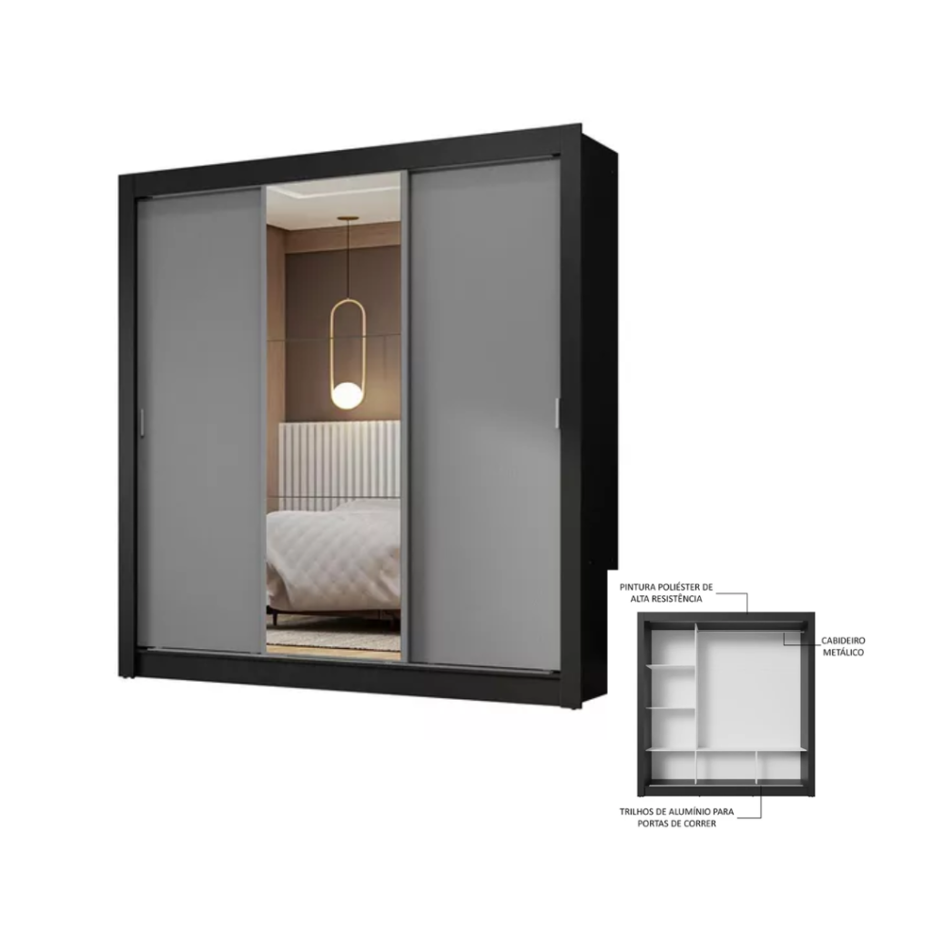 Guarda-roupa Casal 3 Porta Correr C/ Espelho Nobre Madesa Pc Cor Preto/Cinza