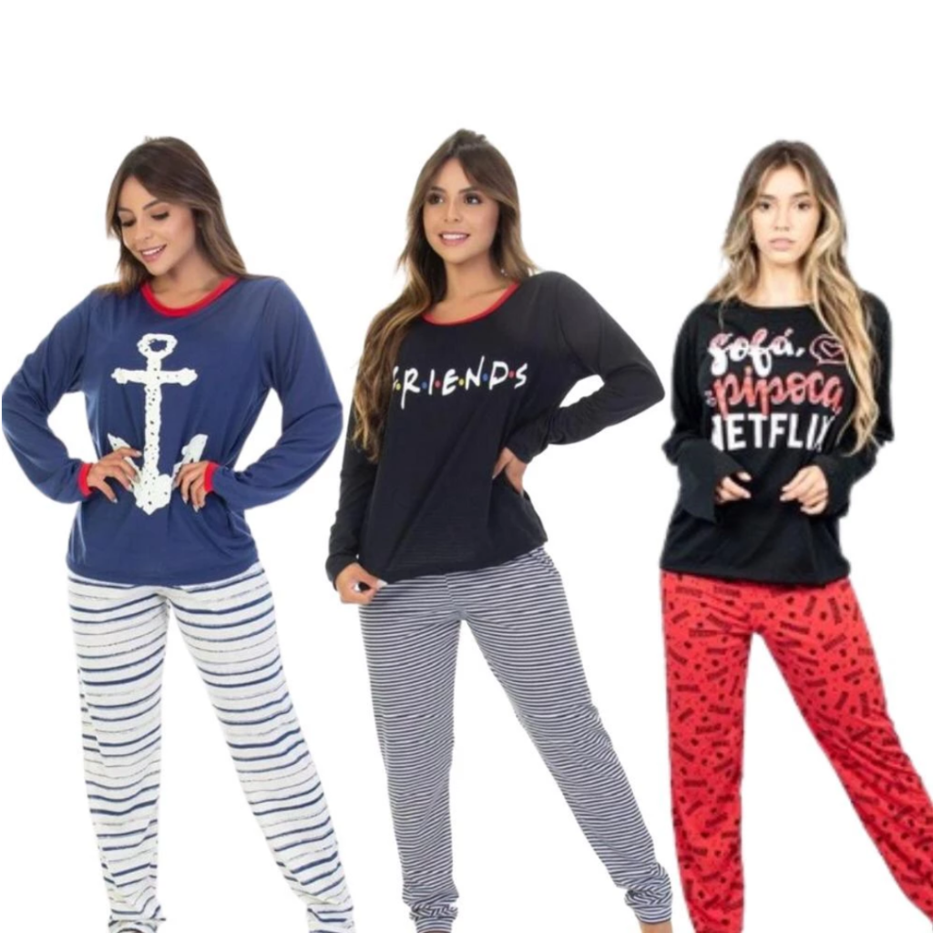 Kit 3 Pijamas De Frio Feminino Longo Estampado Personagens Desenhos/ Kit 2 Pijama Feminino Inverno Longo