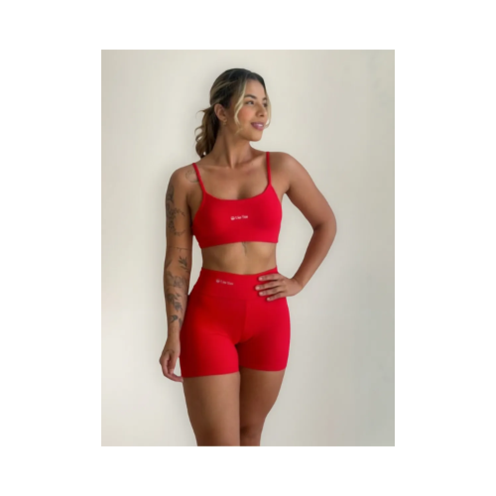 Conjunto Fitness Feminino com Top e Shorts Meia Coxa Cintura Alta Suplex