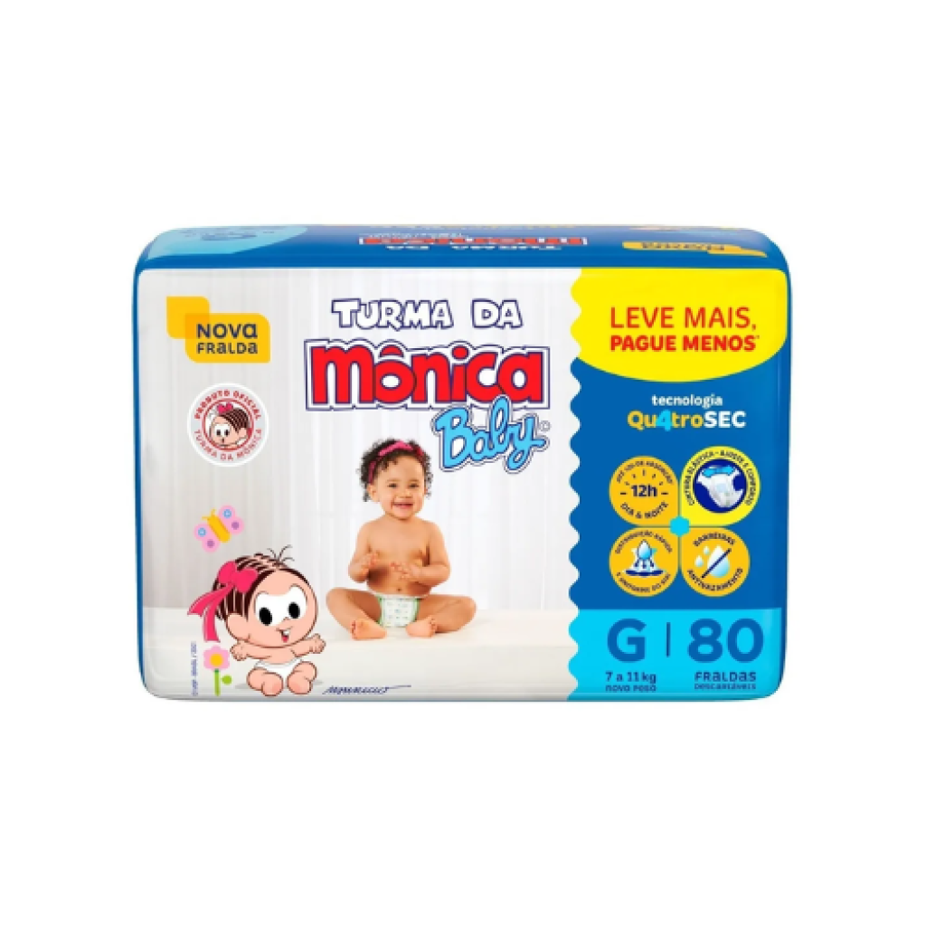 Fralda Descartável Turma da Mônica Baby Tamanho G 80 Unidades com Tecnologia QuatroSec