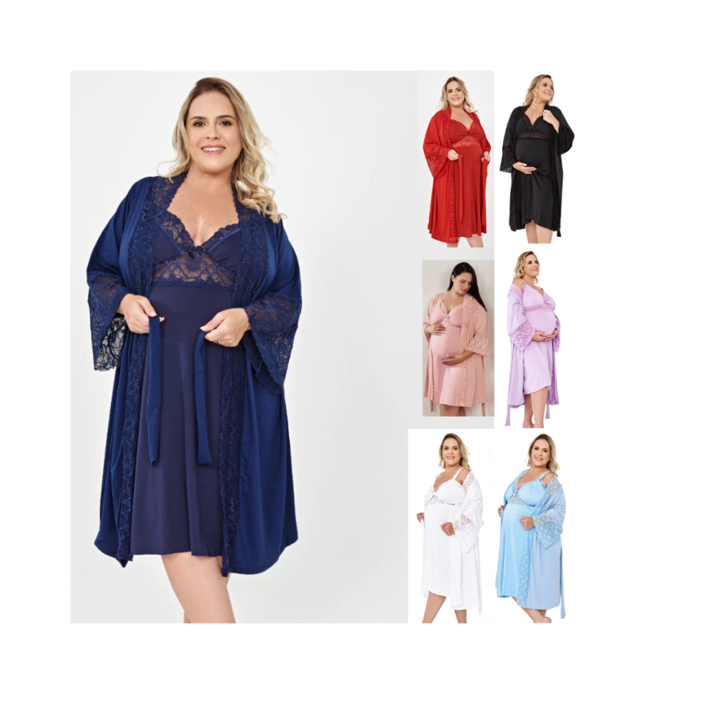 Kit Plus Size Camisola Amamentação Gestação e Robe luxo Renda