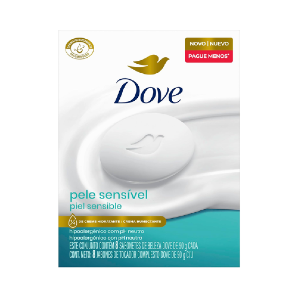 Dove Sabonete Barra Pele Sensível 90 g 8 un Hipoalergênico 1/4 Creme Hidratante