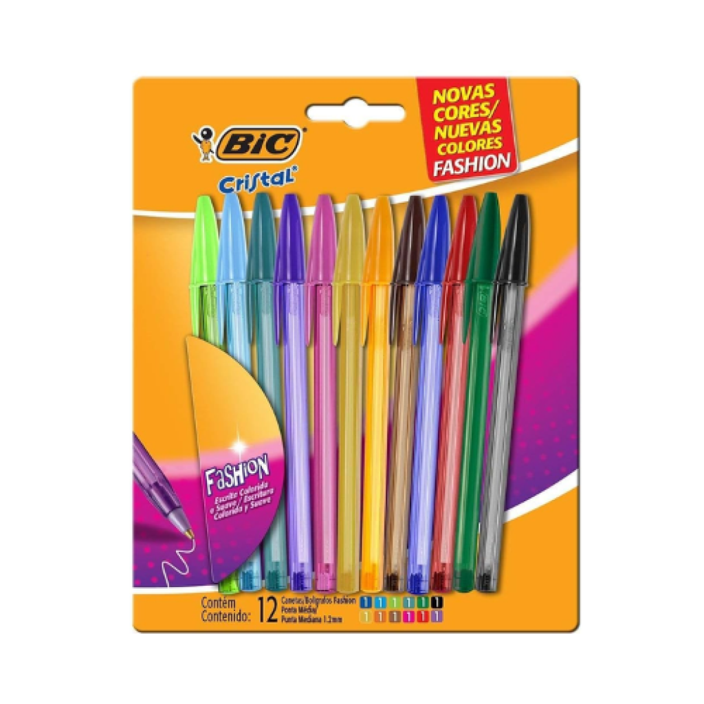 Conjunto de Canetas Cristal Fashion 12 Cores com Ponta Média Bic