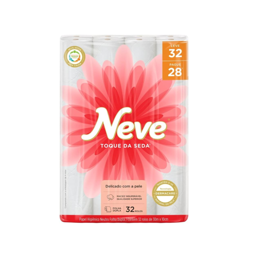 Neve Papel Higiênico Toque de Seda Folha Dupla, 30m, Leve 32 Pague 28 Rolos